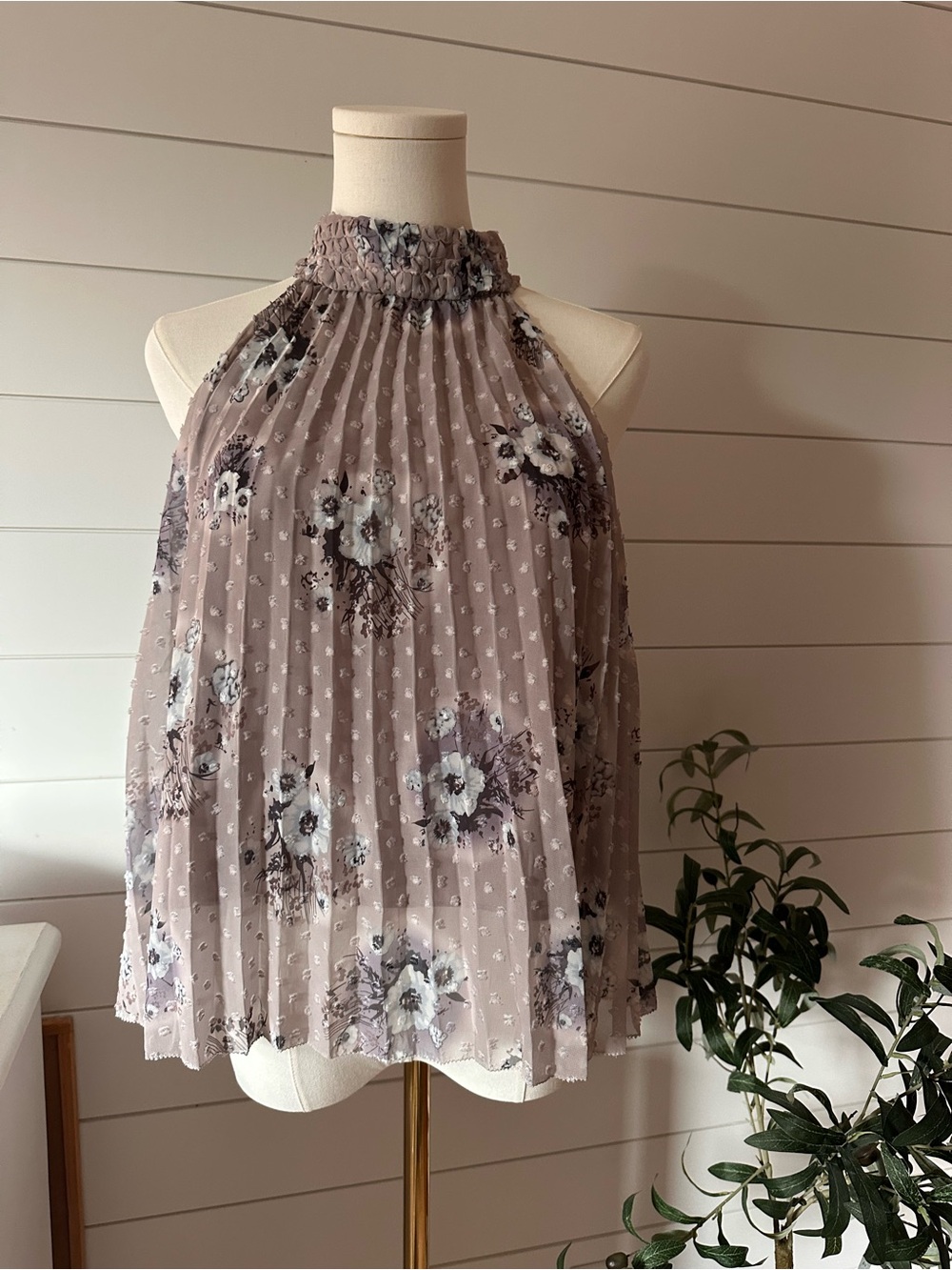 bishop + young Taupe Floral Pleated Halter Top